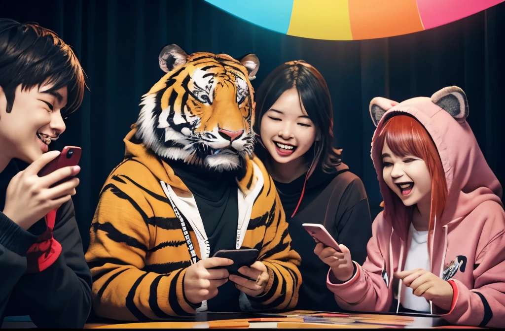 social gaming, party gaming, a group of friends in tiger kigurumis laughing with their phones and nintendo switches in their hands, very social, poor household, plush tiger in the background, photorealistic, absurdres, stock photo, social media post, shot on film, people in their twenties sitting in a circle, faded colors