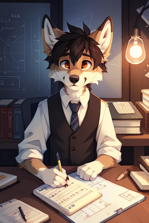 full body,Male,coyote,enginer,old time bookkeeper,Black vest with white sleeves and blue tie,reporter,notebook,In the old time office,old time incandescent lamp,engineering blueprint,Drawing the blueprint, ((by keihound, by reysi)), by Zackary911, by hyattlen, by fumiko, by fluff-kevlar, Furry, Anthro,TI-68 Calculator