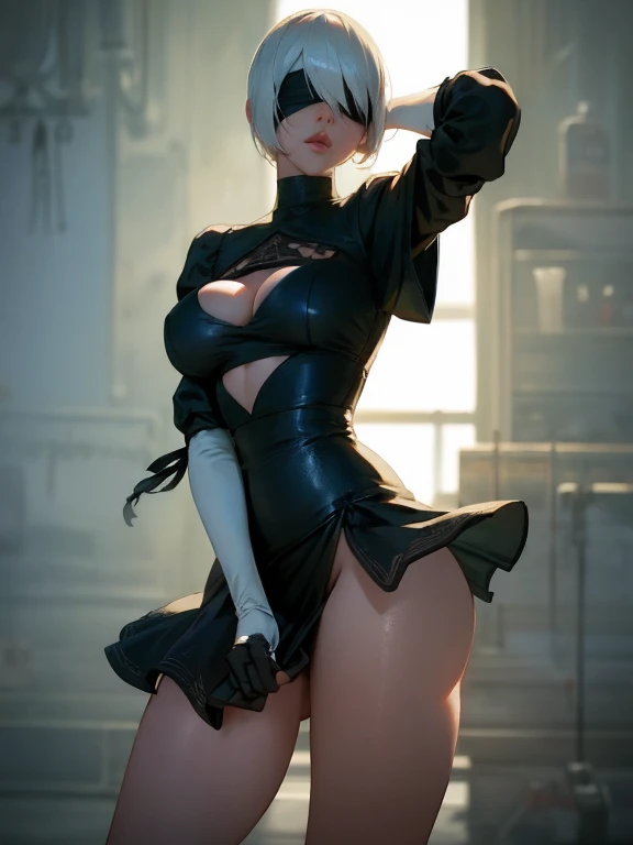 Nier:Automatic 2B、Normal size breasts、Photorealistic Stick、Blindfolded with a black cloth、Pulling up her skirt、