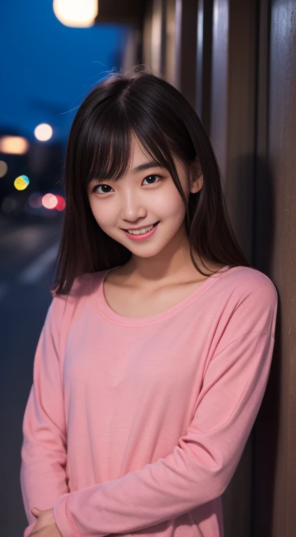 highest quality, 8k, 18 year old beautiful girl, Absurd, smile, smile, alone, night, neon, Idol&#39;s face , Delicate girl, Full body photo、From below, Standing posture、Model Body Type、Digital SLR, View your viewers, Frank, Sophisticated, Thin arms, Professional Lighting, Film Grain, chromatic aberration, (Eyes and facial details:1.0), (Bokeh:1.1) , Shoulder out、セクシーなSee-throughの白いシャツ、Flared exy white panties、See-through、Off the shoulder