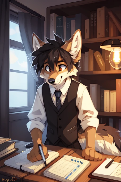 full body，Male，coyote，enginer，old time bookkeeper，Black vest with white sleeves and blue tie，reporter，notebook，In the old time office，old time incandescent lamp，engineering blueprint，Drawing the blueprint, ((by keihound, by reysi)), by Zackary911, by hyattlen, by fumiko, by fluff-kevlar, Furry, Anthro,((Logarithmic slide rule))