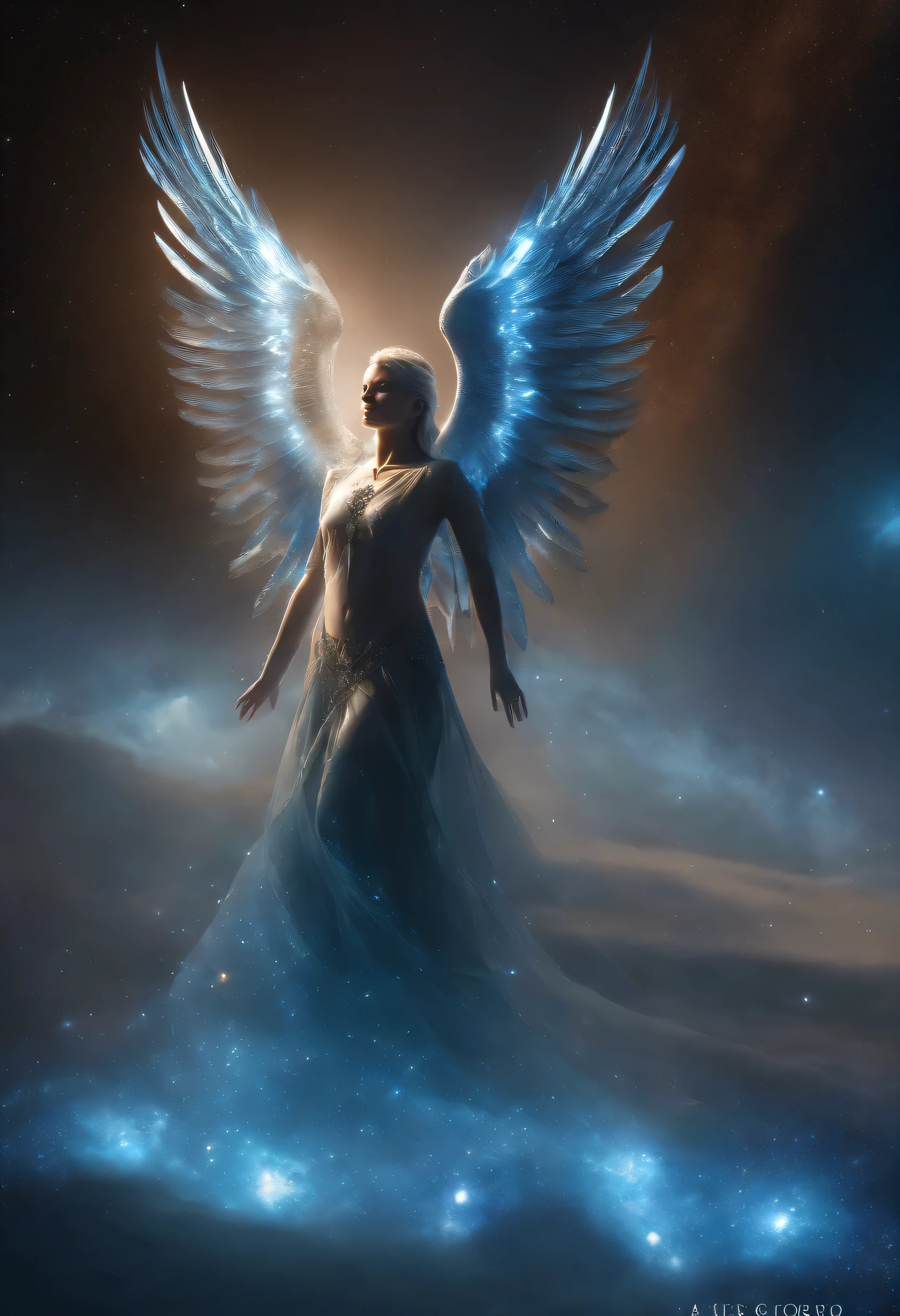 cosmic fallen angel, olhos claros brilhantes, biomechanics, estranho, assustador, Pesadelo, cores muito brilhantes, light particles, com luz brilhante, Mshiff, Arte do papel de parede, Papel de parede UHD