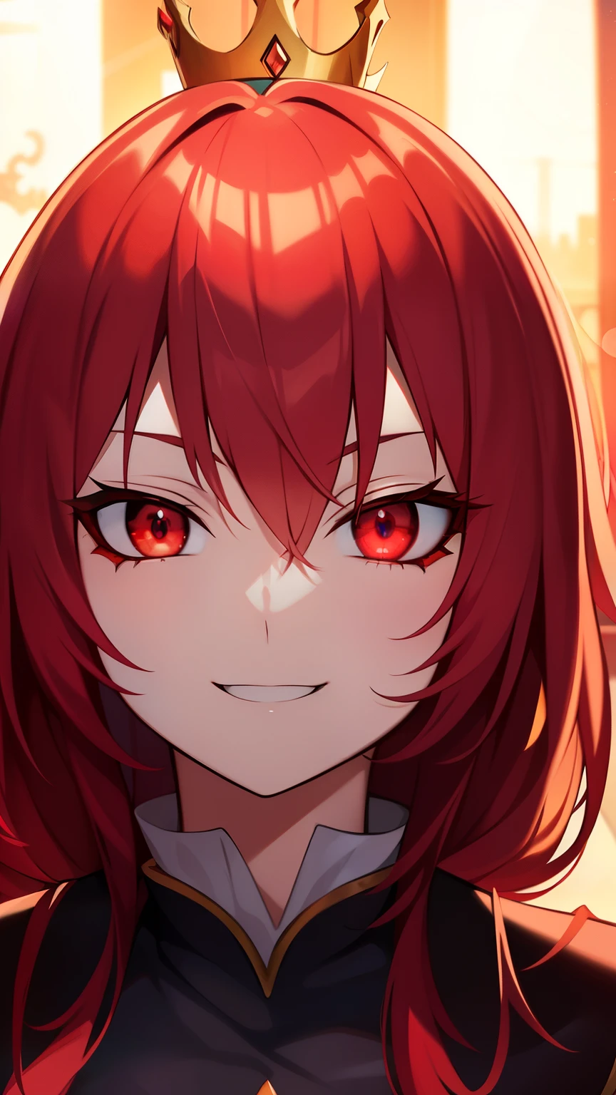 Princess of darkness with eyes of blood, Red hair, crown, evil smile, anime style, lens flare, High detail, first-person view, cinematic lighting, masterpiece, Super Detail, Best quality, 8K, UHD