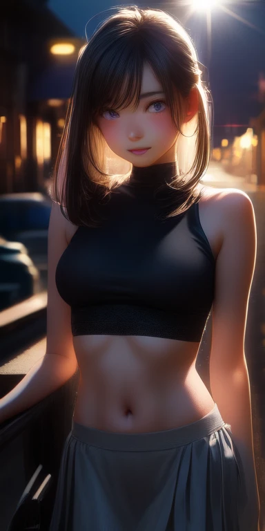 Realistic, One girl, Gray Hair, Purple eyes, Glowing Eyes, Crop top, skirt, Lips parted, blush, night, Flowers, sun, sunlight,Embarrassed