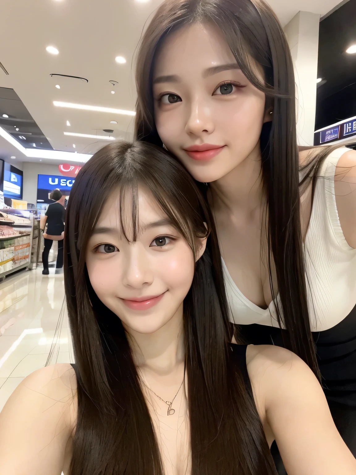 Two people、Smiling while shopping、fun、、whole body、slender、woman、White drool coming out of the mouth、Short hair, fair skin,Twin tails,、Super cute、Soft and Face、Brown Hair、8k resolution、Surreal、Ultra high definition、 Soft Body、A-cup small breasts（（Highest resolution、8k、masterpiece：1.3））、Ultra-fine face、Ultra Fine Lips、Beautiful Eyes、double eyelid,Girls&#39; High 、Red lender&#39;s figure、I can see your thighs、Shapely small breasts、