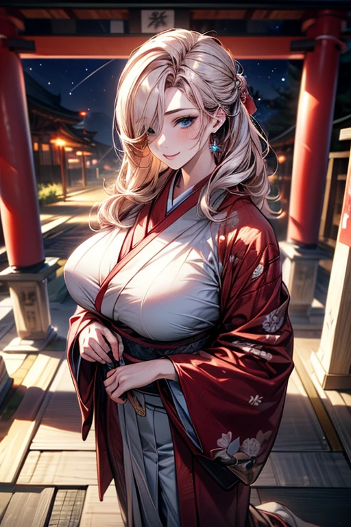 (masterpiece, best quality:1.2), (high resolution, 8K RAW photo, photo realistics, clear focus), (natural lighting, textile shading), pov, solo focus, full body, 1 matured woman, 28 years old, (milf:1.5), raised sexy, New Year's visit, put your hand together, praying for future, smile, light Purple hair, medium long hair, hair over one eye, asymmetric hair, half updo hair, wavy hair, blue eyes, japanese clothes, kimono, at ZEN garden in Japanese temple, in front of torii gate, in spring,depth of field, bokeh, dynamic angle, from side above, (correct anatomy, ideal ratio of body proportions), in a night, under starry sky,