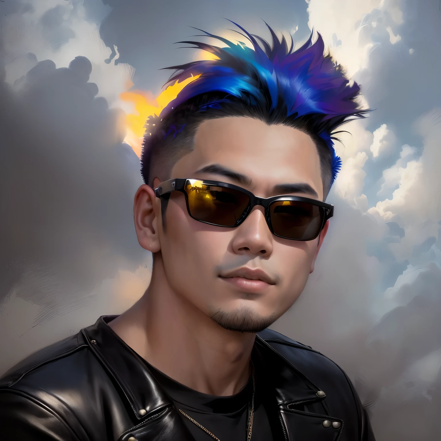 Oil panting, there is a man with a mohawk and sunglasses on sitting on a motorcycle, phong shaded, 2 , 2 8 years old, profile shot, damien tran, darren quach, peter chan, headshot profile picture, andrew thomas huang, david luong, with sunglasses, 2 9 years old, victor ngale