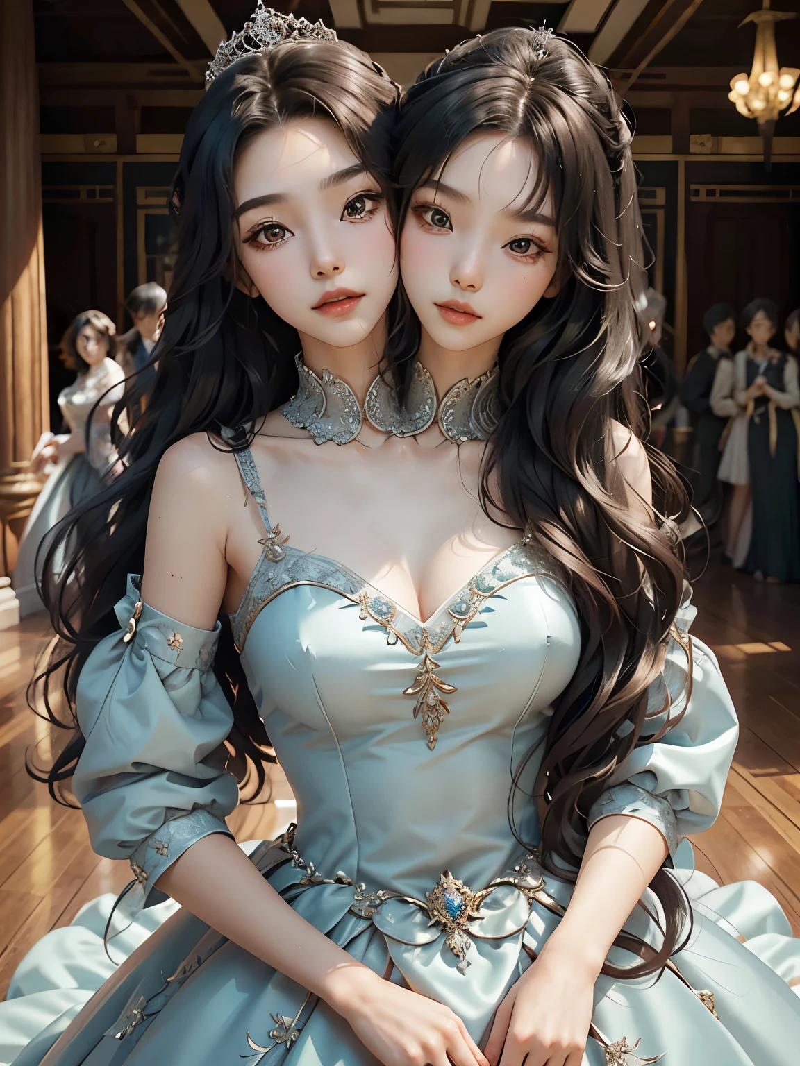 Twin sisters of , skin fair, Royal blue eyes, Bblack hair, one with long hair and the other with short hair sitting on a bench