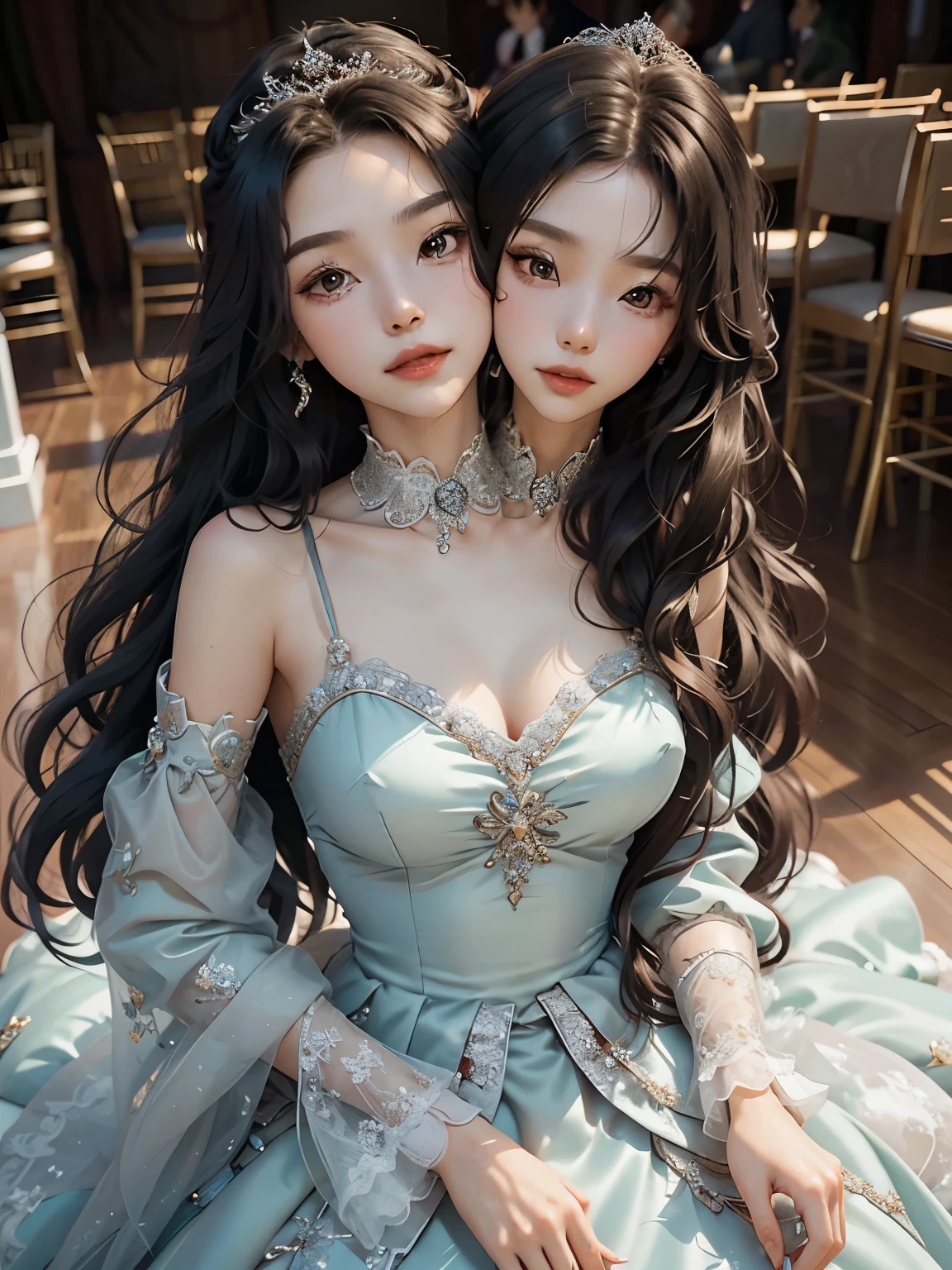 bestresolution, (2heads:1.2), old women, old korean women, extremely long hair, queens, princesses, tiaras on head, ballgown, princess dress, large dress, in a ballroom, large hair, extremely long hair, head in wind