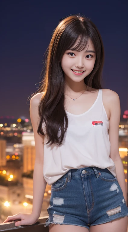 highest quality, 8k, 18 year old beautiful girl, Absurd, smile, smile, alone, night, neon, Idol's face , Delicate girl, Full body photo、From below, Standing posture、Model Body Type、Digital SLR, View your viewers, Frank, Sophisticated, Thin arms, Professional Lighting, Film Grain, chromatic aberration, (Eyes and facial details:1.0), (Bokeh:1.1) , Shoulder out、セクシーなSee-throughの白いシャツ、Flared exy white panties、See-through、Off the shoulder