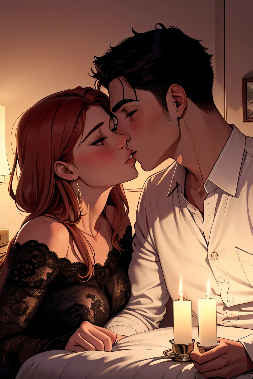 Amazing portrait of a boy and a woman who is a beautiful woman kissing each other with passion  in a bedroom which is a bright room with candles lit during night time,