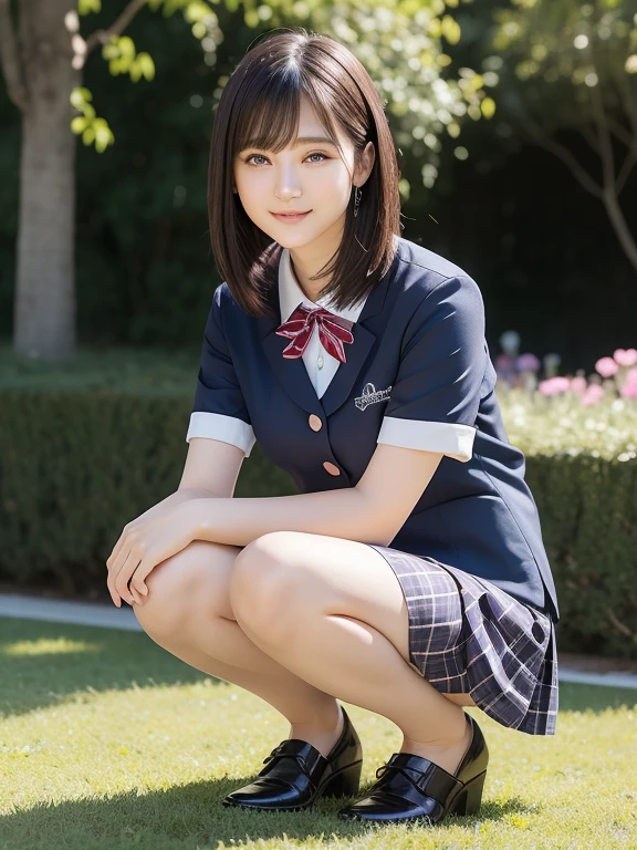 high detail、high quality、8K Photo、Japanese high school girls、One beautiful girl、In uniform、(Brown blazer、Blue checked pleated skirt、Navy blue knee socks、Brown Loafers、ponytail、Double eyelids、White panties)、(Sitting on the grass、Raise your knees and sit with your buttocks on the ground1.5)