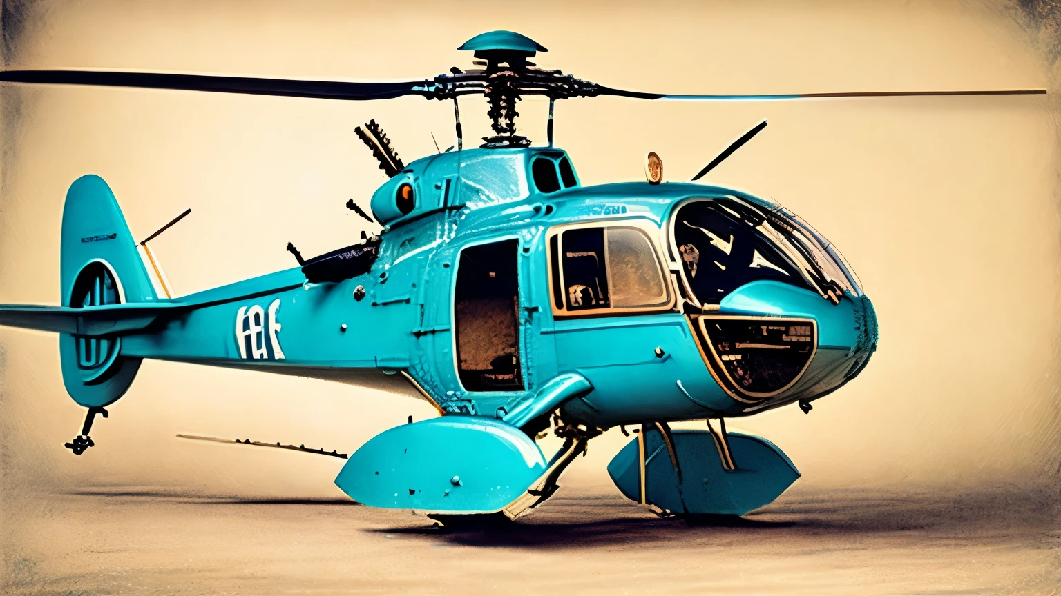 fusion of photography and watercolor styles, best quality, super fine, 16k, incredibly absurdres, extremely detailed, delicate and dynamic depiction, work of art painted in all blue and Tiffany blue gradations, photo of old early model helicopter with sepia tone in the middle