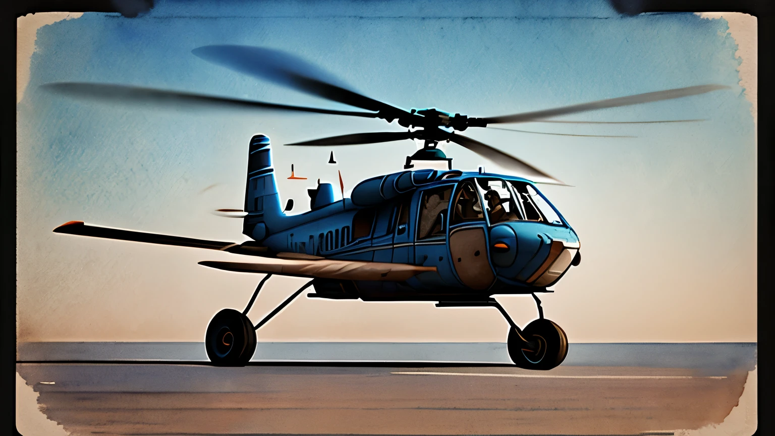 fusion of photography and watercolor styles, best quality, super fine, 16k, incredibly absurdres, extremely detailed, delicate and dynamic depiction, work of art painted in all blue and Tiffany blue gradations, photo of old early model helicopter with sepia tone in the middle