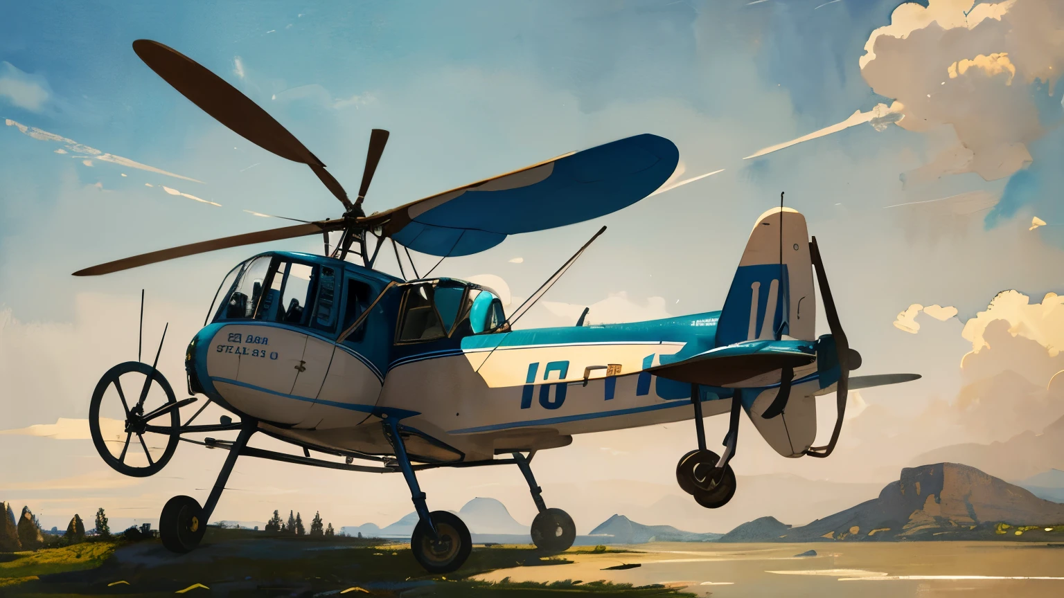 fusion of photography and watercolor styles, best quality, super fine, 16k, incredibly absurdres, extremely detailed, delicate and dynamic depiction, work of art painted in all blue and Tiffany blue gradations, photo of old early model helicopter with sepia tone in the middle