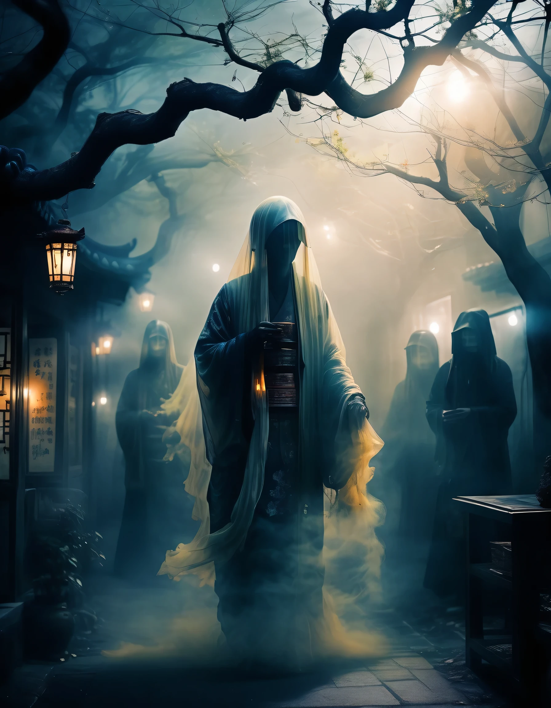 Chinese Ghost Festival,nakahara universe,Ghostly Breath,Chiaroscuro in the city at night,Detailed texture of spooky tree branches,A transparent ghost floats in the smoke,Lanterns hanging from a tree,There are flowers blooming there, shade lighting,Background blur,Depth of written boundary,Soft Light,Beautiful lighting, Dim Light,A peaceful yet terrifying atmosphere,Mysterious and dark,detailed lighting effects,soft color change,Strange place,It was foggy, Space-time discrepancy,Reincarnation Flip。 Turning things upside down,The sun and moon have no light, Confusion and absurdity,The nightmares continue。 Mysterious and unreal,phantom, Gothic Shadow,Obscured from all sides。 cyber punk, Dark Forest,A different space, There are countless hidden secrets,Forgotten souls wandering in the night、fear