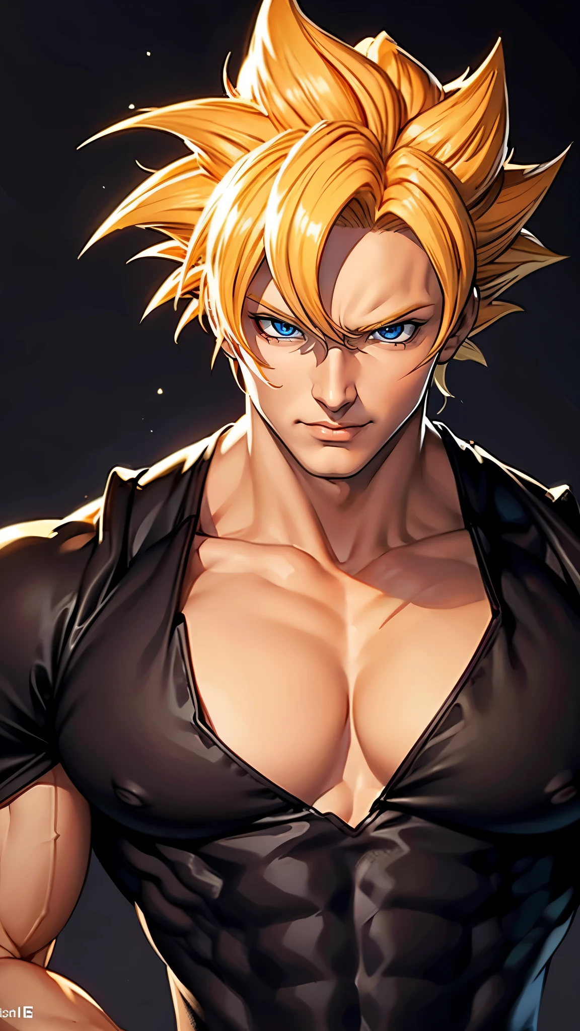 （（（完美figure，figure，solo， （（（super saiyan, muscular,  spiked hair, orange uniform,））），（（（son goku, blond hair, blue eyes,））），((masterpiece)),high resolution, ((Best quality at best))，masterpiece，quality，Best quality，（（（ Exquisite facial features，Looking at the audience,There is light in the eyes，(（（Smile））)，）））））），（（（Light and shadow，muscle））），（（（Looking at the camera，black background，White skin，Cold White Paper））