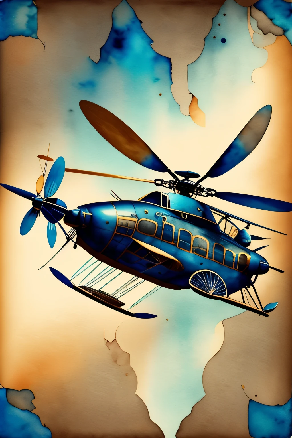 fusion of photography and watercolor styles, best quality, super fine, 16k, incredibly absurdres, extremely detailed, delicate and dynamic depiction, work of art painted in all blue and Tiffany blue gradations, photo of old early model helicopter with sepia tone in the middle