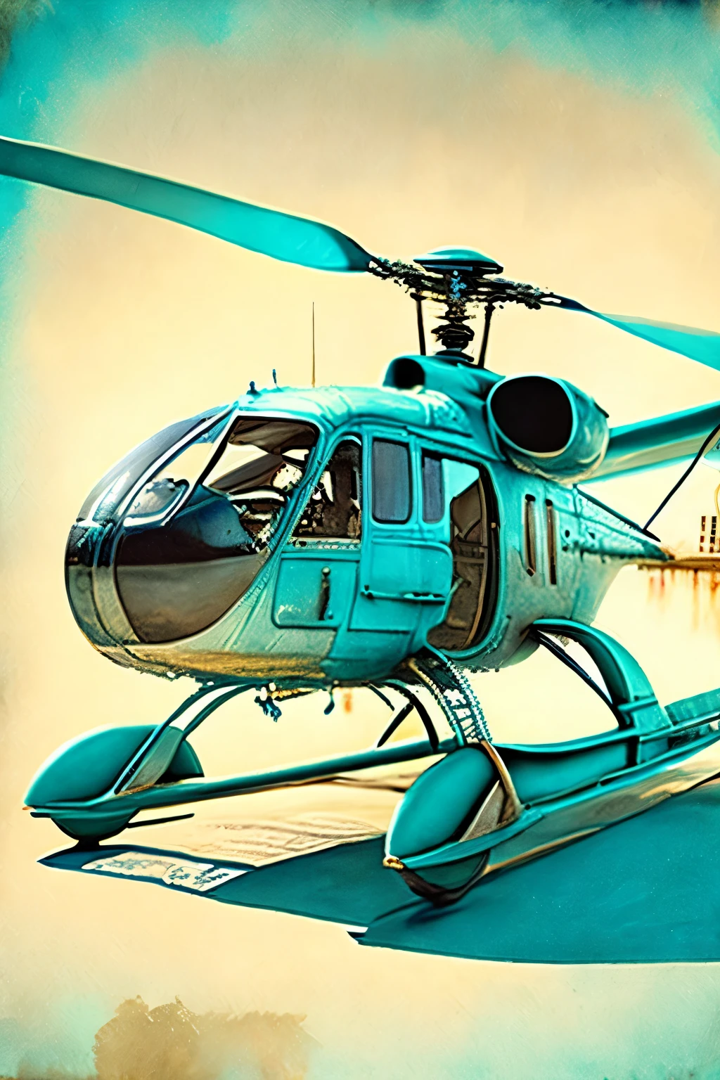 fusion of photography and watercolor styles, best quality, super fine, 16k, incredibly absurdres, extremely detailed, delicate and dynamic depiction, work of art painted in all blue and Tiffany blue gradations, photo of old early model helicopter with sepia tone in the middle