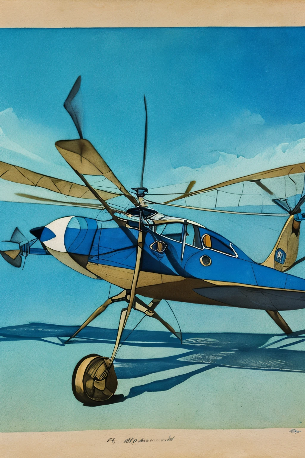fusion of photography and watercolor styles, best quality, super fine, 16k, incredibly absurdres, extremely detailed, delicate and dynamic depiction, work of art painted in all blue and Tiffany blue gradations, photo of old early model helicopter with sepia tone in the middle