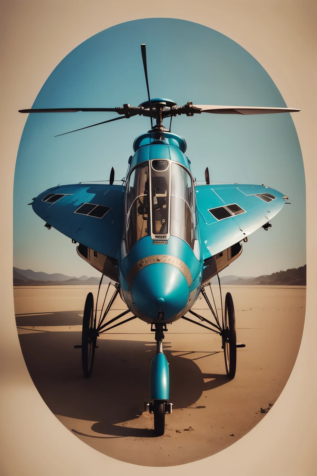 fusion of photography and watercolor styles, best quality, super fine, 16k, incredibly absurdres, extremely detailed, delicate and dynamic depiction, work of art painted in all blue and Tiffany blue gradations, photo of old early model helicopter with sepia tone in the middle