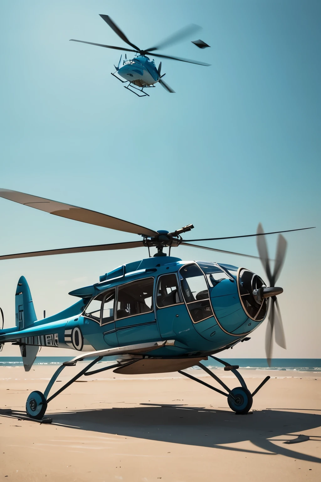 fusion of photography and watercolor styles, best quality, super fine, 16k, incredibly absurdres, extremely detailed, delicate and dynamic depiction, work of art painted in all blue and Tiffany blue gradations, photo of old early model helicopter with sepia tone in the middle