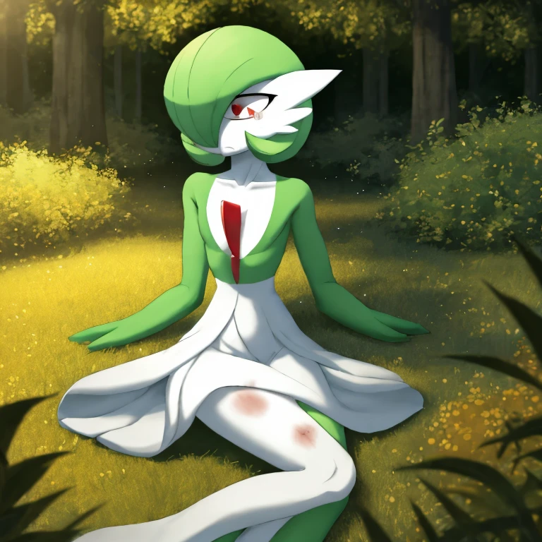 best quality, Gardevoir, pokemon, short height, red eyes, green hair, sad, crying, slim, slender body, skinny legs, looking at viewer, blurry background, outdoors, in forest, full body, slim, ((masterpiece)), best quality, 4k, cinematic lighting, ray tracing, reflected light, panorama, flat chest, high detailed illustration, high detailed background, hi-res, hand between legs, lying on the ground, no feet, on ground, bruised, wounded, white gardevoir dress, green top