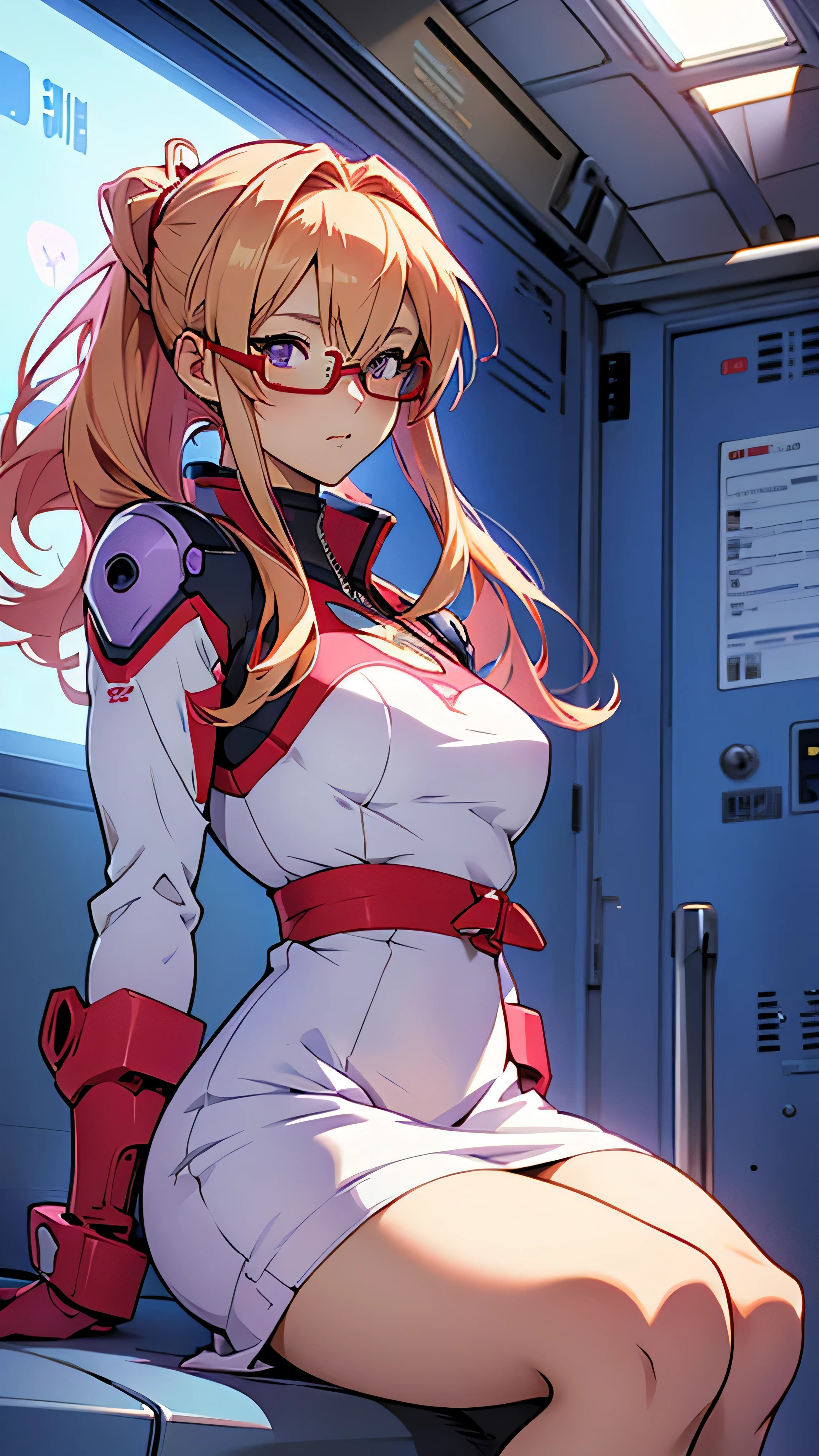 anime,An illustration,purple robot,Mobile Suit,Dom,Light blue check dress,Red glasses,Blonde,Light blue mesh hair,beautiful girl,Sora Sakurano,one person