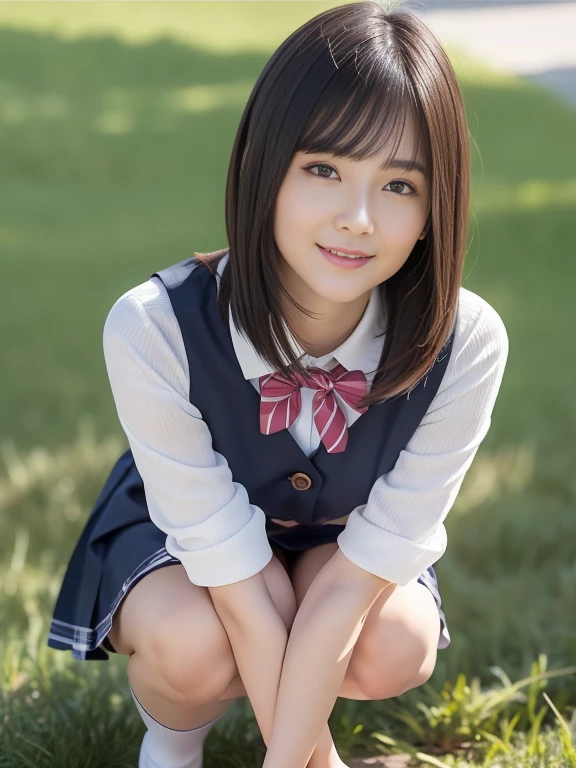 (highest quality:1.5)、(Realistic:1.5)、(1 person:1.5)、(Upper Body:1.5)、Very detailed、High resolution、8k wallpaper、、Small breasts、Natural color lips、Cute Smile、Japanese women、20-year-old girl、Beautiful and elegant face、Perfect and beautiful face、Big eyes、Brunette eyes、Beautiful and elegant face、Natural double eyelids、Natural Bangs、Beautiful thin nose、Beautiful Skin、Chestnut Hair、Medium Bob Hair、Short Hair、Natural Bangs、Perfect and beautiful face、Slim face and figure、(Looking at the camera with a cute expression)、Bright lighting、Professional Lighting、Forward lighting、Cute Smile、Summer blue sky、Grass park on the mountain、Look at the viewers、Low-angle composition、(Staring at the camera with a cute expression)、Bright lighting、Professional Lighting、Forward lighting、Cute Smile、Beautiful feet:1.2、Smooth Skin、Squatting on the grass、Sit down、Pleated mini skirt、Wearing a Nogizaka uniform、Wearing a Japan high 、Detailed feel、Detailed cloth texture、Knee-high socks、