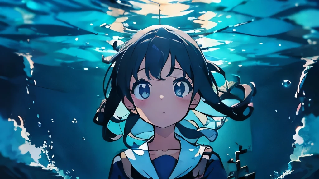 High resolution, anime、((highest quality)), (Very detailed), (beautiful),((deep sea)), (((Sinking into the sea))), ((girl)),(one piece)、(Light is shining into the sea),