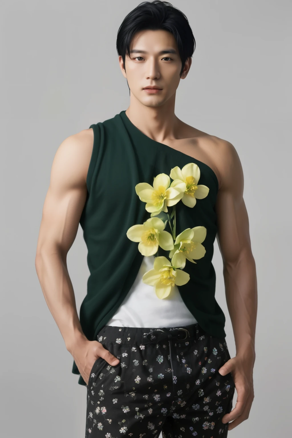 best quality,masterpiece,Ultra high detail,A handsome muscular man,Short black hair, white skin, topless,(Flowers on the shoulder),(With flowers in his black micro thong),realistic,Grey background,Yellow, violet and white flowers,