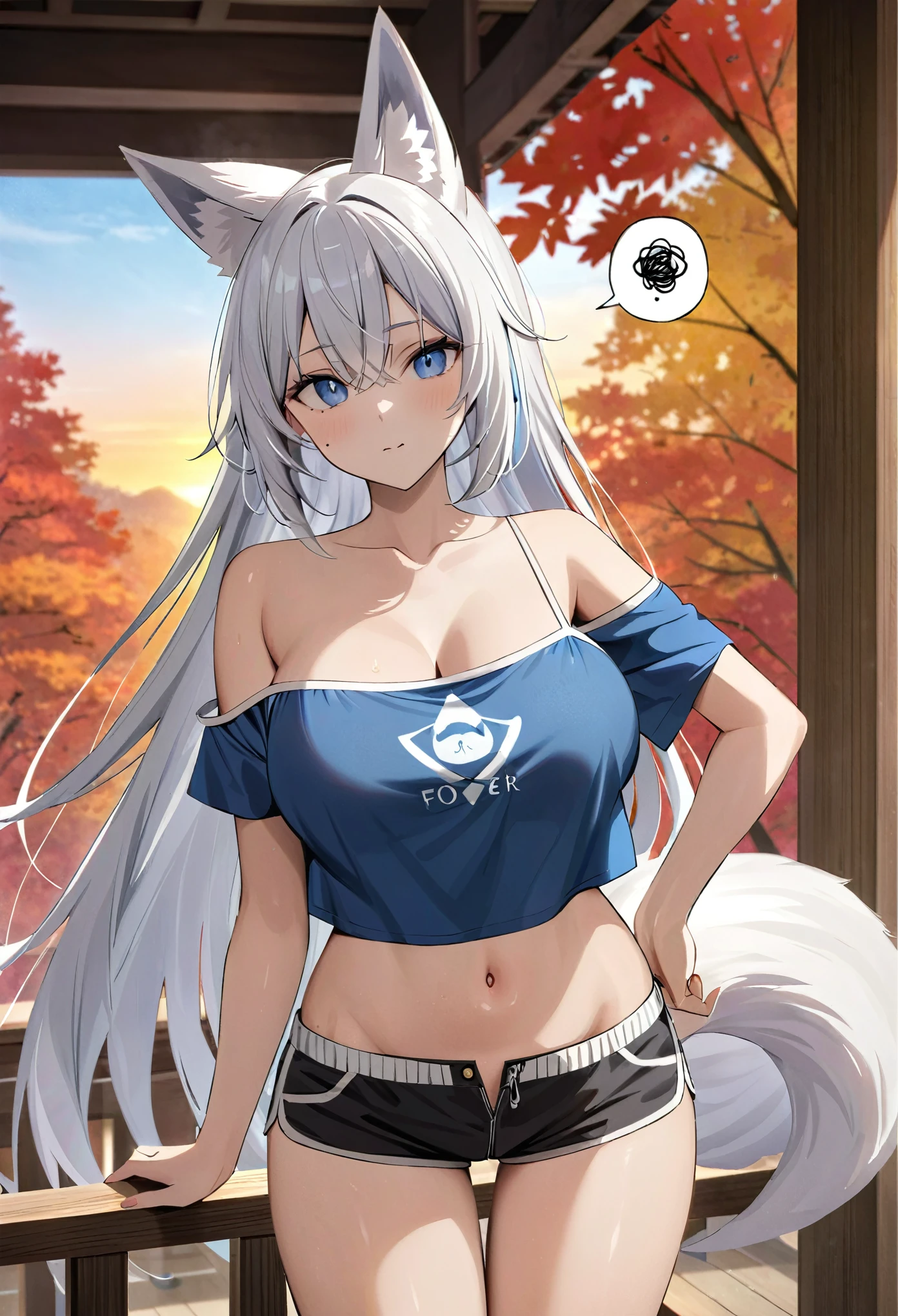 breasts, looking at viewer, blue eyes, large breasts, simple troubled eyebrows, shirt, Stomach,architecture, Blue sky, (autumn forest:1.2), wooden building, Kiyomizu-dera Temple, balconies, Blue sky, crystal clear skies, Blurry background, longshot, Standing, Sunset, Thighs Thighs Thighs\), Twilight,navel, animal ears, hair between eyes, bare shoulders, very long hair, standing, collarbone, tail, white hair, short sleeves, thighs, cowboy shot, shorts, sleeveless, midriff, off shoulder, stomach, mole, crop top, animal ear fluff, hand on hip, bare arms, fox ears, short shorts, sleeveless shirt, leaning forward, fox tail, black shorts, blue shirt, fox girl, strap slip, crop top overhang, squiggle, hand on own thigh, micro shorts, spoken squiggle, mole on thigh、、confused