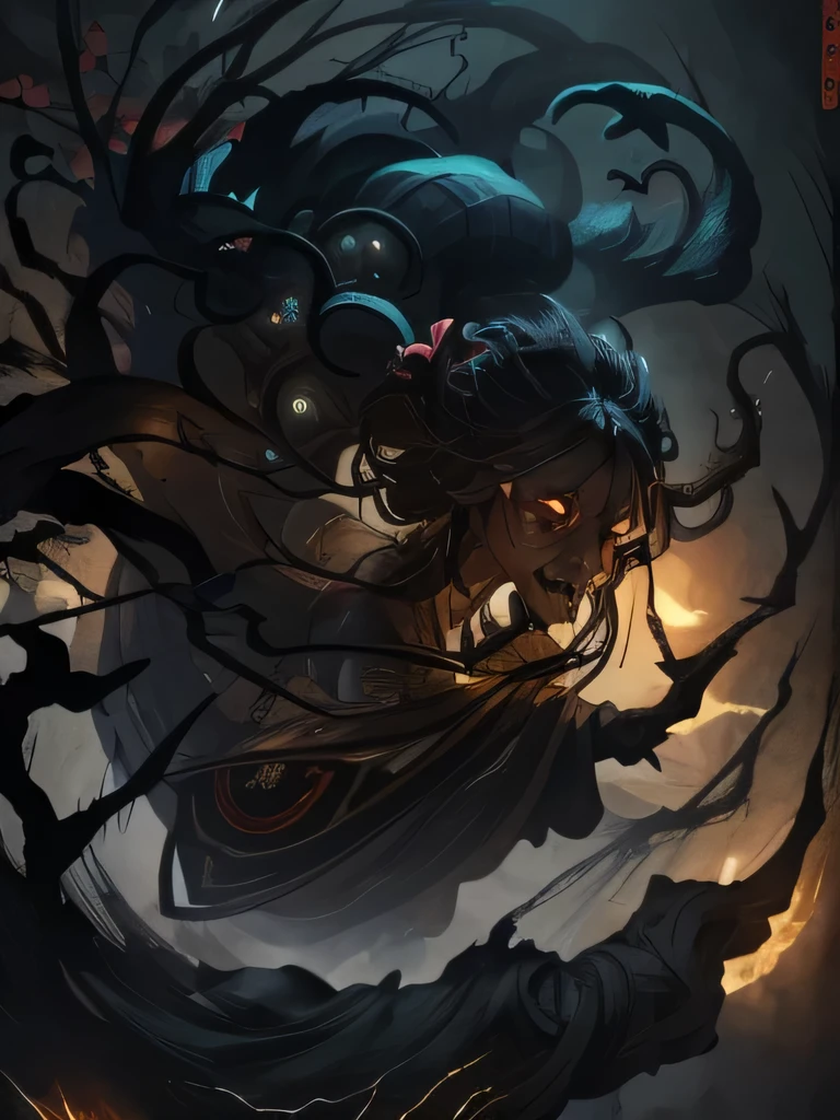1 girl , with demon face, scary costume , Chinese Ghost Festival,nakahara universe,Ghostly Breath,Chiaroscuro in the city at night,Detailed texture of spooky tree branches,A transparent ghost floats in the smoke,Lanterns hanging from a tree,There are flowers blooming there, shade lighting,Background blur,Depth of written boundary,Soft Light,Beautiful lighting, Dim Light,A peaceful yet terrifying atmosphere,Mysterious and dark,detailed lighting effects,soft color change,Strange place,It was foggy, Space-time discrepancy,Reincarnation Flip。 Turning things upside down,The sun and moon have no light, Confusion and absurdity,The nightmares continue。 Mysterious and unreal,phantom, Gothic Shadow,Obscured from all sides。 cyber punk, Dark Forest,A different space, There are countless hidden secrets,Forgotten souls wandering in the night、fear