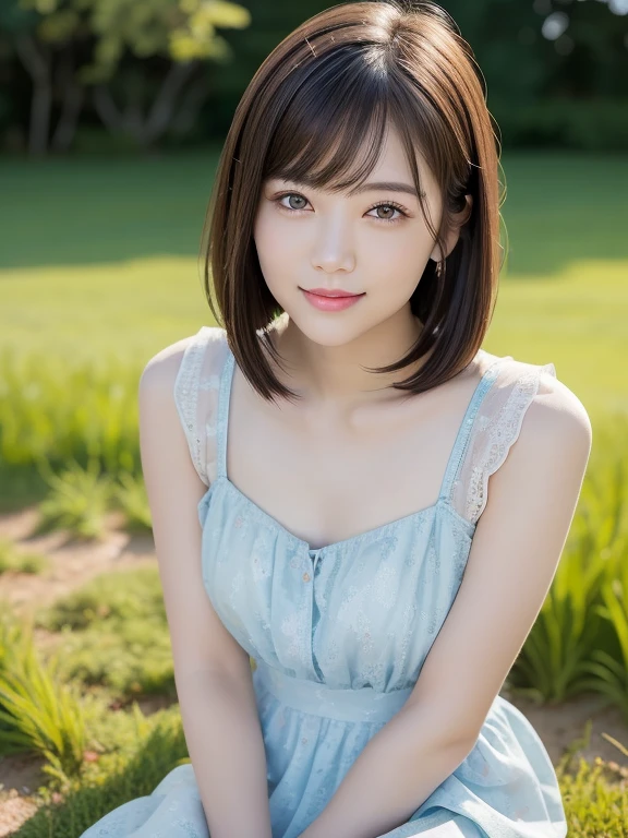 (highest quality:1.5)、(Realistic:1.5)、(1 person:1.5)、(Upper Body:1.5)、Very detailed、High resolution、8k wallpaper、、Small breasts、Natural color lips、Cute Smile、Japanese women、20-year-old girl、Beautiful and elegant face、Perfect and beautiful face、Big eyes、Brunette eyes、Beautiful and elegant face、Natural double eyelids、Natural Bangs、Beautiful thin nose、Beautiful Skin、Chestnut Hair、Medium Bob Hair、Short Hair、Natural Bangs、Perfect and beautiful face、Slim face and figure、(Looking at the camera with a cute expression)、Bright lighting、Professional Lighting、Forward lighting、Cute Smile、Summer blue sky、Grass park on the mountain、Look at the viewers、Low-angle composition、(Staring at the camera with a cute expression)、Bright lighting、Professional Lighting、Forward lighting、Cute Smile、Beautiful clavicle、Beautiful feet:1.2、Smooth Skin、Sweet girl dress、Sit on the grass、Sit down、Leaning forward、Shots from low angles、Sweet girl dresini skirt