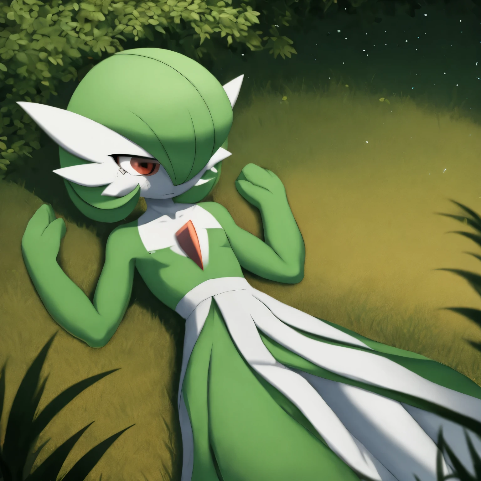 best quality, Gardevoir, pokemon, short height, red eyes, green hair, sad, crying, slim, slender body, skinny legs, looking at viewer, blurry background, outdoors, in forest, full body, slim, ((masterpiece)), best quality, 4k, cinematic lighting, ray tracing, reflected light, panorama, flat chest, high detailed illustration, high detailed background, hi-res, hand between legs, lying on the ground, no feet, on ground, bruised, wounded, white gardevoir dress, green top