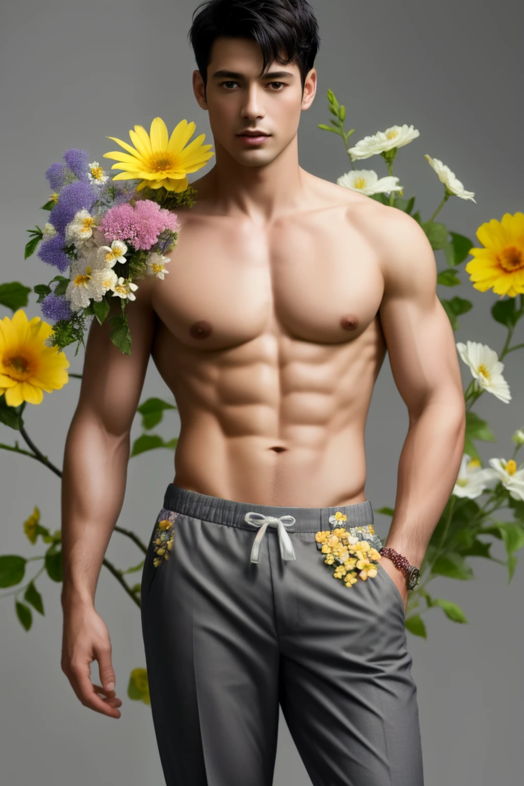 best quality,masterpiece,Ultra high detail,highres,A man,Short black hair,topless,(Flowers on the shoulder),(With flowers in his pants),realistic,Grey background,Yellow and white flowers,