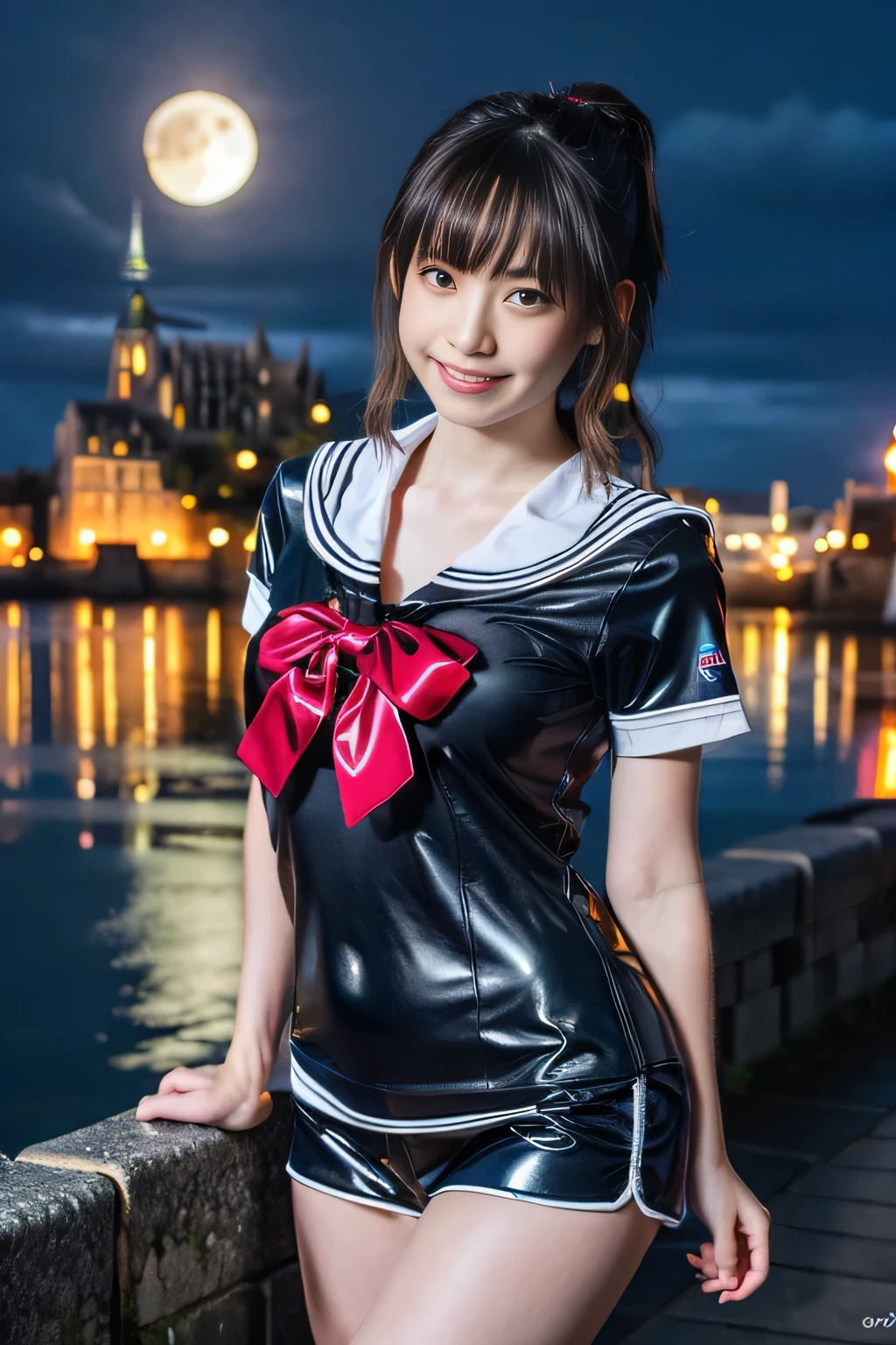 (best quality:1.2),(ultra detailed,highres,HDR,8k,3D,realistic,photorealistic,super fine,effects,official art,detailed background), (very happy smile,young,Japanese,detailed beautiful face), (Happy days),(round face,small face beauty), (dynamic pose:1.3), (head to thighs:1.3), (Sailor suit made of latex: 1.3), (miniskirt), cloak(the moon shines in the night sky:1.3), (mont saint michel:1.3)