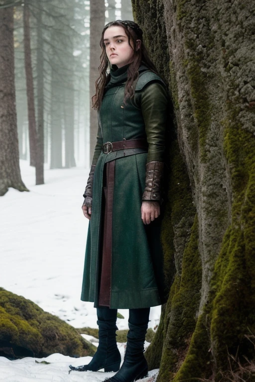 pintura de retrato de 1girl, mix de rosto de Maisie Williams e Elle Fanning, duende, cabelo loiro, olhos azuis, vestido verde, foco na parte superior do corpo, nordic goddess, intricado, cinematic lighting, cabelo penteado, fantasia movie, genre fantasia, ARTISTIC CINEMATOGRAPHY, premium quality fantasia movie color grading, tiro na parte superior do corpo, pele detalhada, fantasia, snowy nordic forest, model shoot style, (CG extremamente detalhado), foto de belas obras de arte, (Antonio Moro), (Jeremy Mann), alto detalhe, sharp focus, dramatic, oil painting, realista