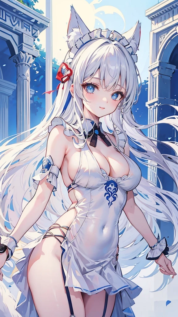 high quality, masterpiece, Super detailed,，1 girl, White one-piece Greek costume，White cloth，Extremely detailed facial details, Sweet Smile，Red lips，Gliding in the sky，Fox ears，Black long hair, Charming blue eyes，Large Breasts，Maid headdress，Handcuffs，Collar，Greek temple，desert