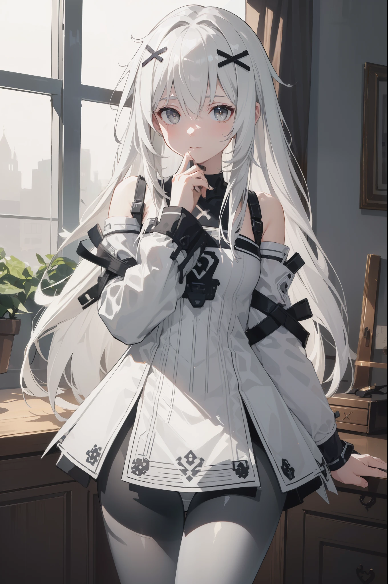 (best quality:1.3), (masterpiece:1.3), (illustration:1.3), (ultra-detailed:1.3), 1girl, solo, white hair, long hair, (((gray eyes,))) white dress, bare shoulders, detached sleeves, sleeves past fingers, gradient leggings, black pantyhose, hair ornament, x hair ornament, indoors,close up, ((young, short,))