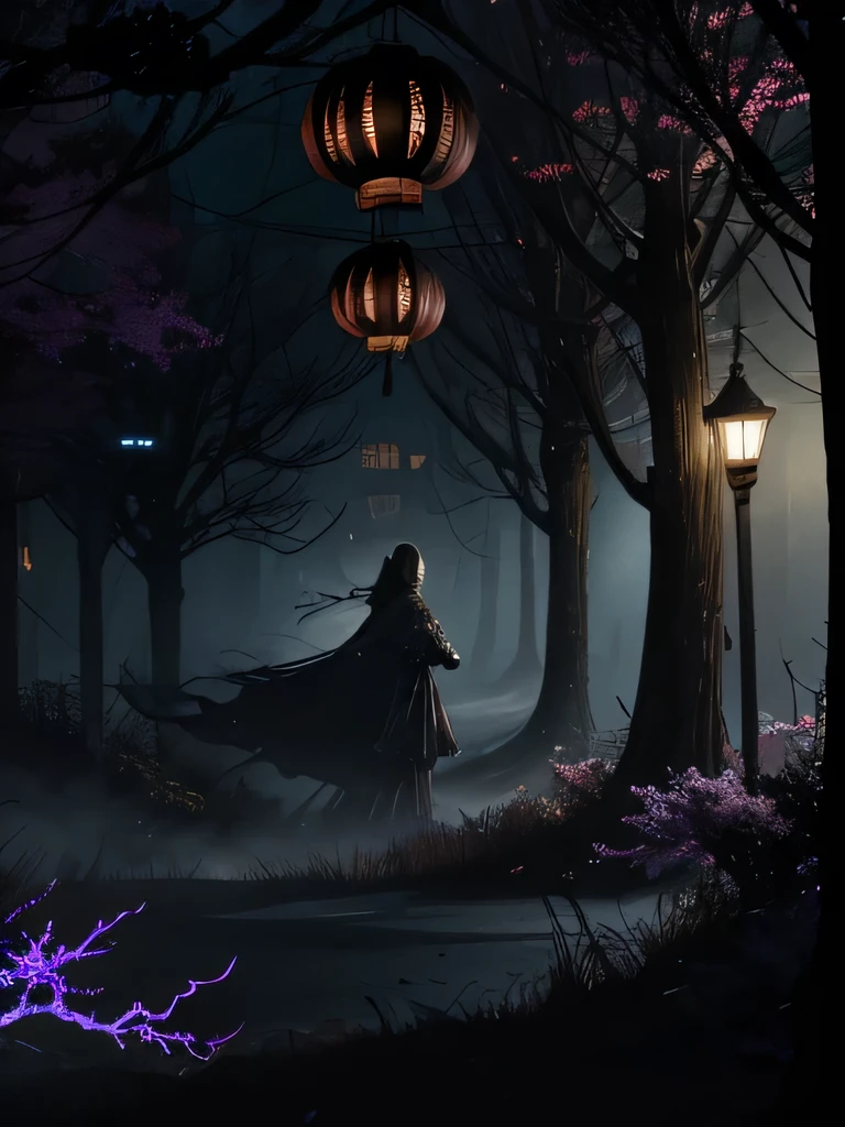 1 girl , demon face, scary costume , Chinese Ghost Festival,nakahara universe,Ghostly Breath,Chiaroscuro in the city at night,Detailed texture of spooky tree branches,A transparent ghost floats in the smoke,Lanterns hanging from a tree,There are flowers blooming there, shade lighting,Background blur,Depth of written boundary,Soft Light,Beautiful lighting, Dim Light,A peaceful yet terrifying atmosphere,Mysterious and dark,detailed lighting effects,soft color change,Strange place,It was foggy, Space-time discrepancy,Reincarnation Flip。 Turning things upside down,The sun and moon have no light, Confusion and absurdity,The nightmares continue。 Mysterious and unreal,phantom, Gothic Shadow,Obscured from all sides。 cyber punk, Dark Forest,A different space, There are countless hidden secrets,Forgotten souls wandering in the night、fear