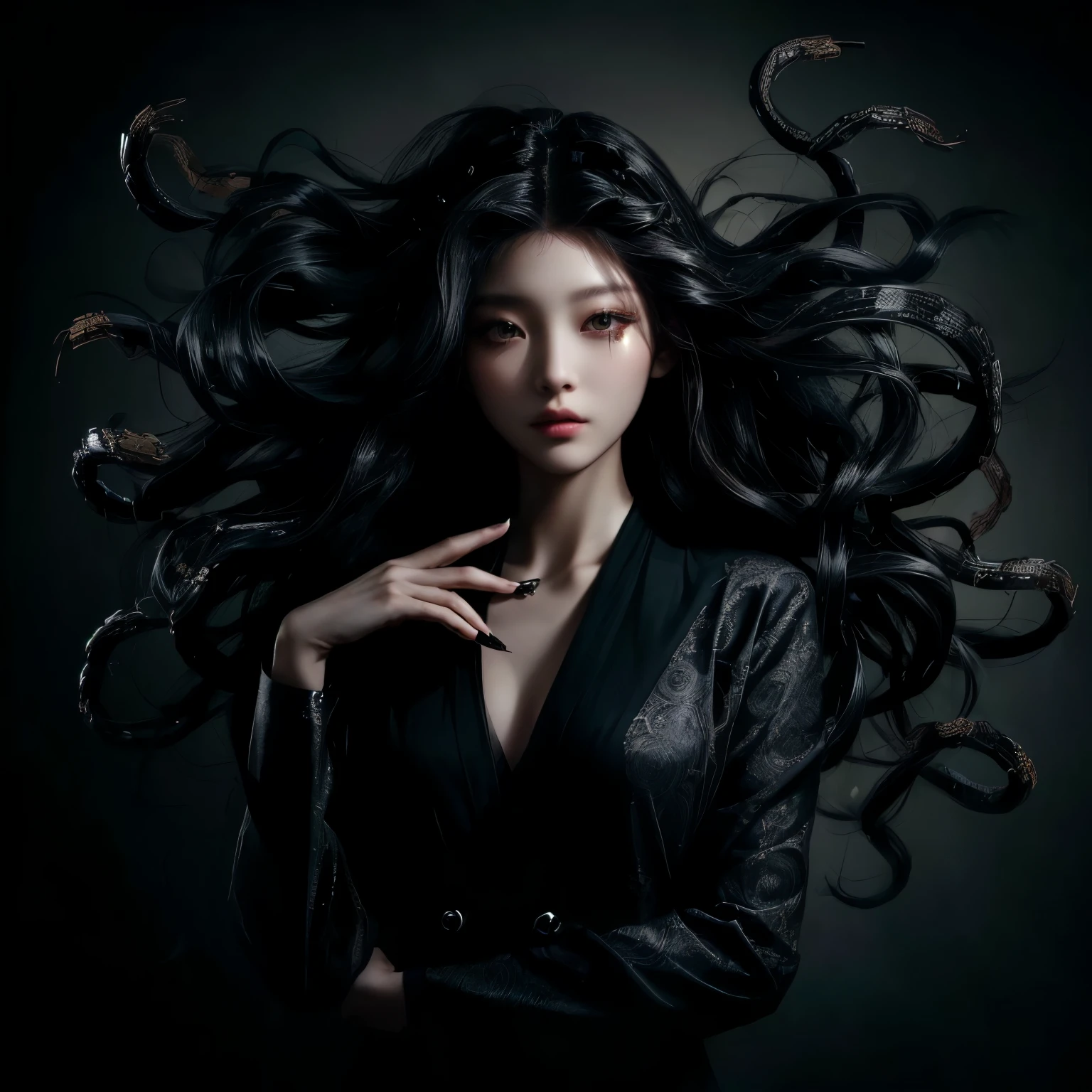 Modern Medusa、A young Japanese woman with dark hair poses for a photo, dark Portrait of Medusa, Many snakes like her hair, Dark Queen of Snakes, Woman medusa long hair, Long, flowing Medusa hair, Beautiful witch with long hair, Beautiful female gorgon, Goddess of Darkness with Six Arms, Portrait of Medusa, Boiling Medusa, Swirling black hair, Beautiful witch spooky woman、Her hair is made up of multiple detailed snakes