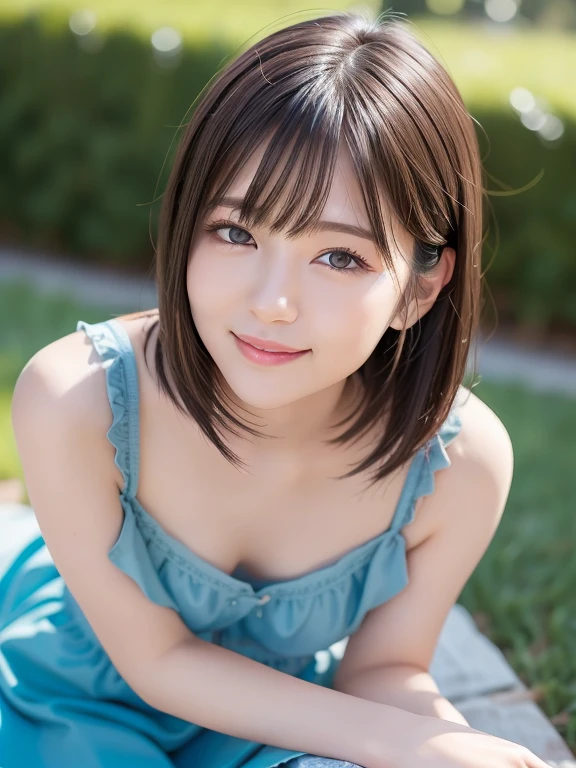 (highest quality:1.5)、(Realistic:1.5)、(1 person:1.5)、(Upper Body:1.5)、Very detailed、High resolution、8k wallpaper、、Small breasts、Natural color lips、Cute Smile、Japanese women、20-year-old girl、Beautiful and elegant face、Perfect and beautiful face、Big eyes、Brunette eyes、Beautiful and elegant face、Natural double eyelids、Natural Bangs、Beautiful thin nose、Beautiful Skin、Chestnut Hair、Medium Bob Hair、Short Hair、Natural Bangs、Perfect and beautiful face、Slim face and figure、(Looking at the camera with a cute expression)、Bright lighting、Professional Lighting、Forward lighting、Cute Smile、Summer blue sky、Grass park on the mountain、Look at the viewers、Low-angle composition、(Staring at the camera with a cute expression)、Bright lighting、Professional Lighting、Forward lighting、Cute Smile、Beautiful clavicle、Beautiful feet:1.2、Smooth Skin、Sweet girl dress、Sit on the grass、Sit down、Leaning forward、Shots from low angles、Sweet girl dresini skirt