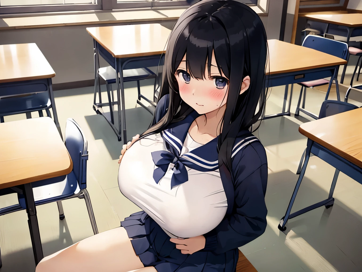 beautiful girl、high school girl、Black Hair、Shy expression、blush、School gym clothes、Navy blue bloomers、Big breasted body type、Very huge bust、Dark classroom in Japanese school、Sweat、