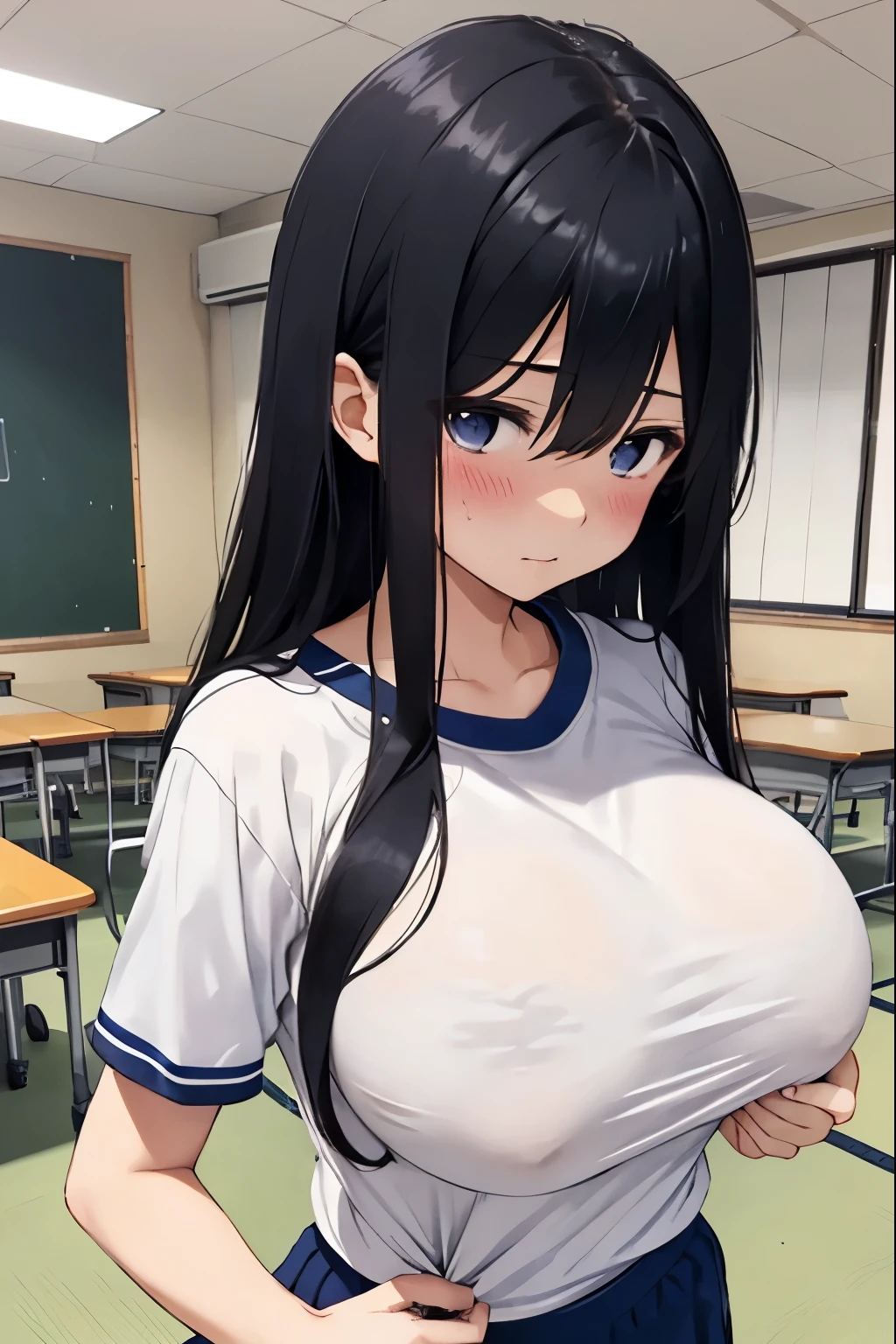 beautiful girl、high school girl、Black Hair、Shy expression、blush、School gym clothes、White short-sleeved T-shirt on the upper body、The lower part of the body is a dark blue bloomer.、Big breasted body type、Very huge bust、Dark classroom in Japanese school、Sweat、