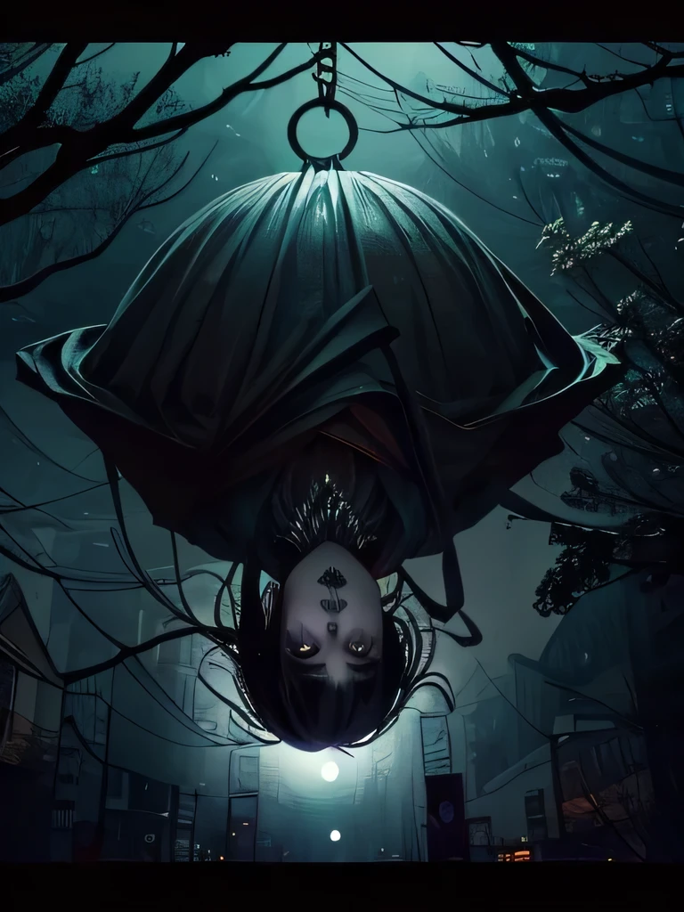 scary creature , demon face, scary costume , Chinese Ghost Festival，nakahara universe，Ghostly Breath，Chiaroscuro in the city at night，Detailed texture of spooky tree branches，A transparent ghost floats in the smoke，Lanterns hanging from a tree，There are flowers blooming there, shade lighting，Background blur，Depth of written boundary，Soft Light,Beautiful lighting, Dim Light，A peaceful yet terrifying atmosphere，Mysterious and dark，detailed lighting effects，soft color change，Strange place，It was foggy， Space-time discrepancy，Reincarnation Flip。 Turning things upside down，The sun and moon have no light， Confusion and absurdity，The nightmares continue。 Mysterious and unreal，phantom， Gothic Shadow，Obscured from all sides。 cyber punk， Dark Forest，A different space， There are countless hidden secrets，Forgotten souls wandering in the night、fear
