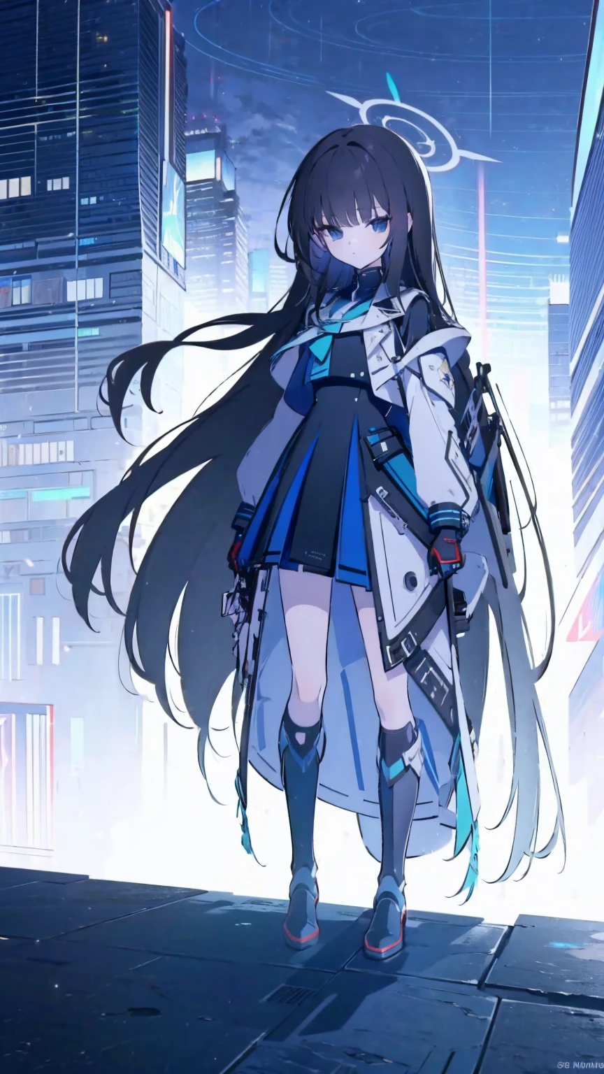 (masterpiece, top quality, best quality:1.2), extreme detailed, 1 girl, black long hair, flat chest, full body, black eyes, wearing millennium uniform with armor, blue archive, Millennium School, holding rifle, high tech, outdoors, nighttime