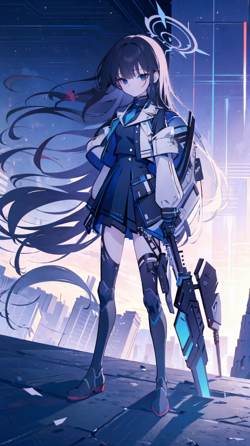 (masterpiece, top quality, best quality:1.2), extreme detailed, 1 girl, black long hair, flat chest, full body, black eyes, wearing millennium uniform with armor, blue archive, Millennium School, holding rifle, high tech, outdoors, nighttime