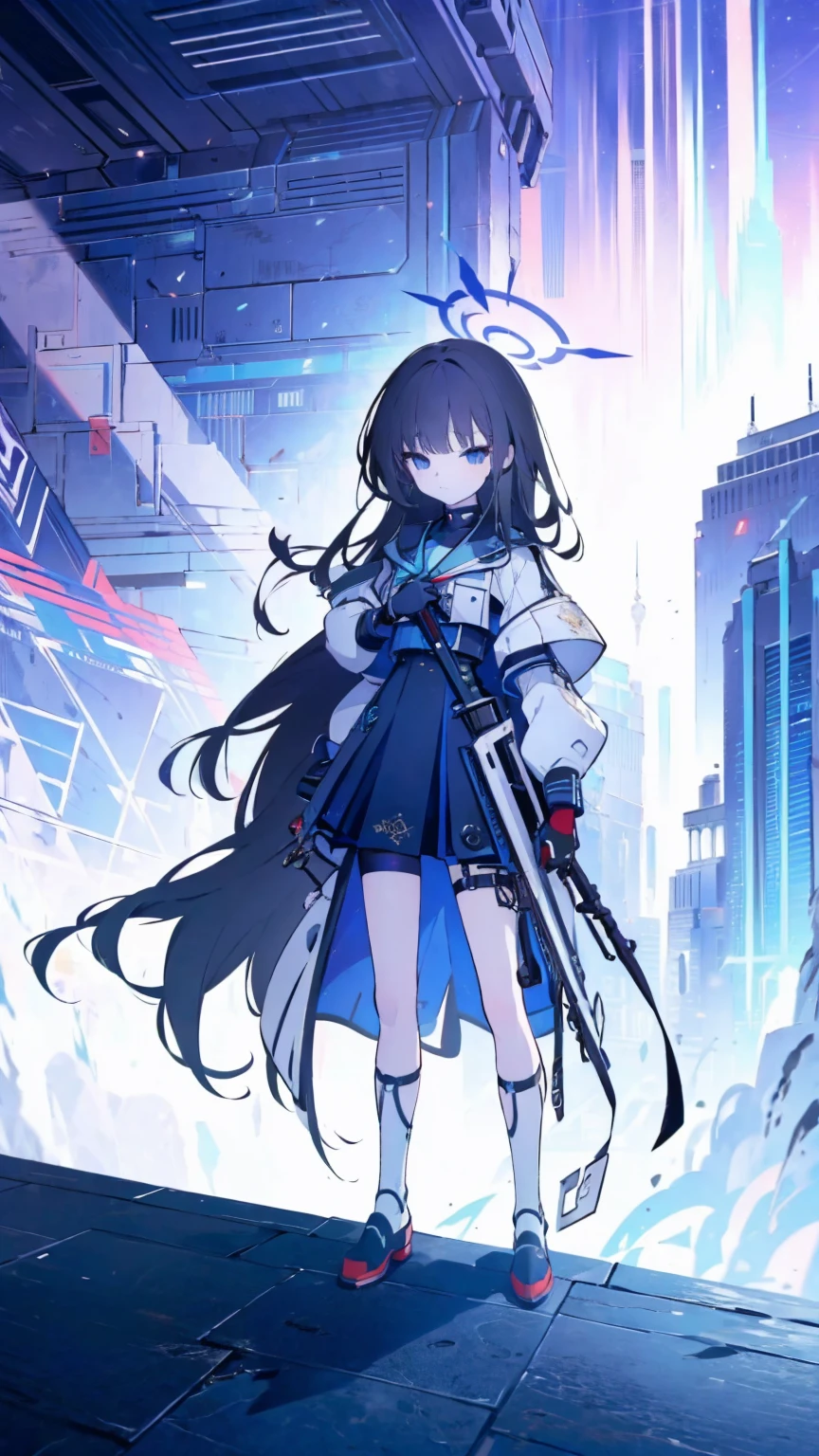 (masterpiece, top quality, best quality:1.2), extreme detailed, 1 girl, black long hair, flat chest, full body, black eyes, wearing millennium uniform with armor, blue archive, Millennium School, holding rifle, high tech, outdoors, nighttime