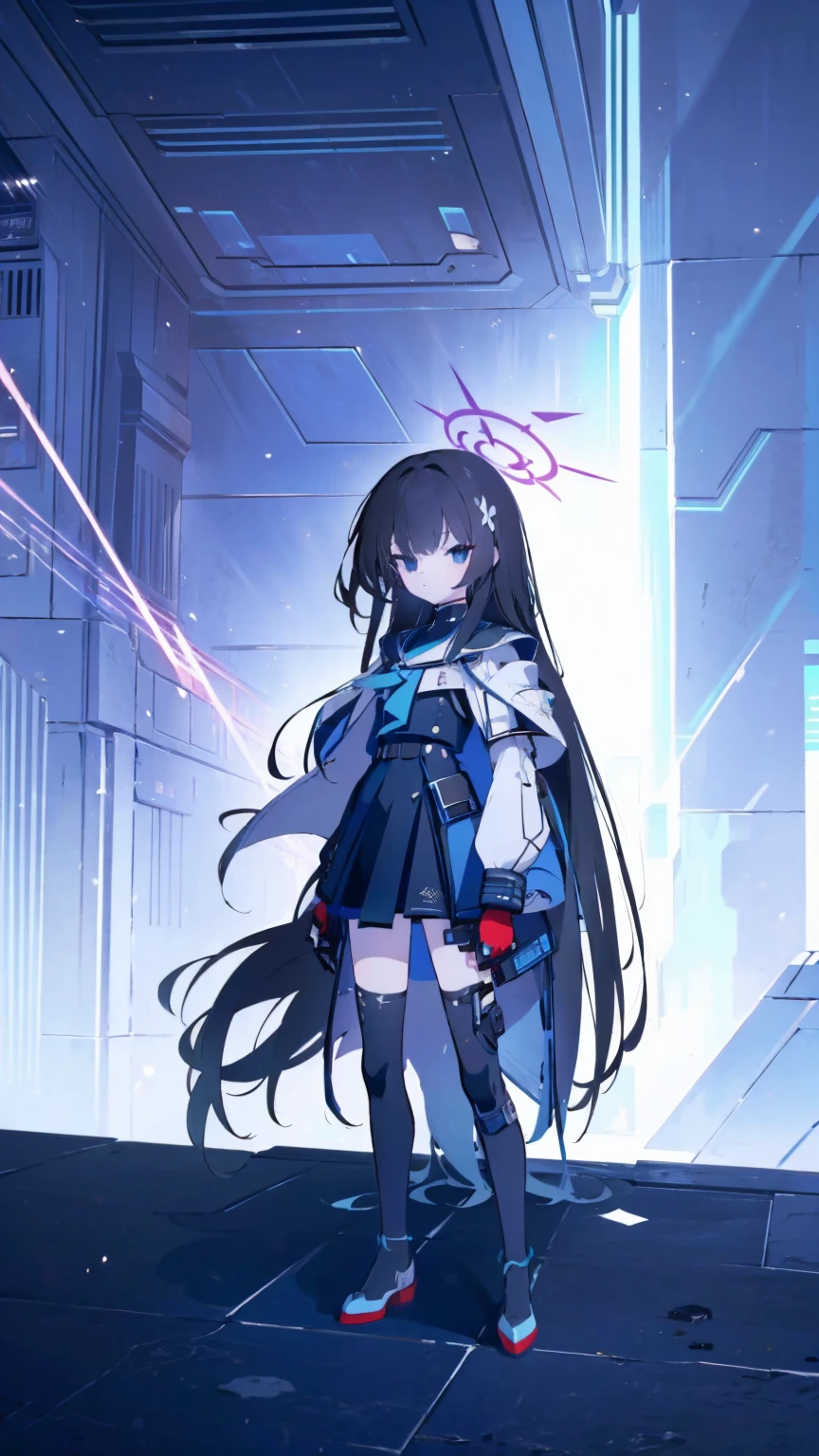 (masterpiece, top quality, best quality:1.2), extreme detailed, 1 girl, black long hair, flat chest, full body, black eyes, wearing millennium uniform with armor, blue archive, Millennium School, holding rifle, high tech, outdoors, nighttime